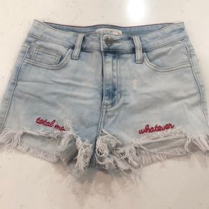 CELLO “Total Mess” “Whatever” Cutoff THRASHED Denim Light Blue Shorts SZ Small